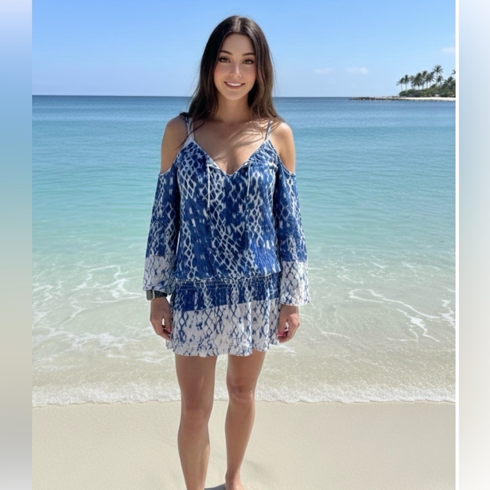 Surf Gypsy Womens Ikat Print Cold Shoulder Smocked Coverup Blue Size M